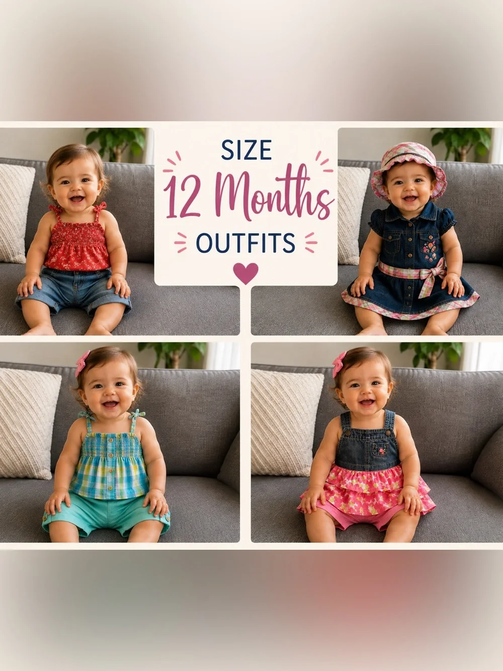 Bundle of 4 - Size 12-Month Girls Outfit Set - Pink, Teal & Denim Mix